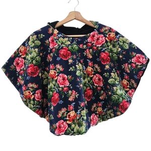 Floral Hooded Fleece Poncho Cape w/ Bow Detail Navy Rose Print (Baby/toddler)